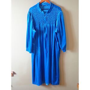 Saybury Womens Long Smocked Robe Housecoat 1/2 Zip Velvet Blue Large Vintage
